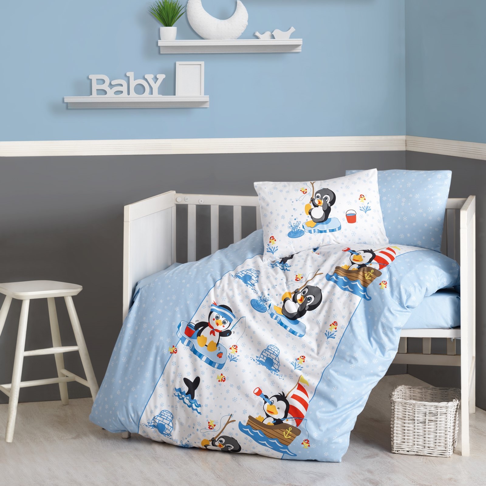 Poklon za bebu, pamučna posteljina za krevetac, pingvin 