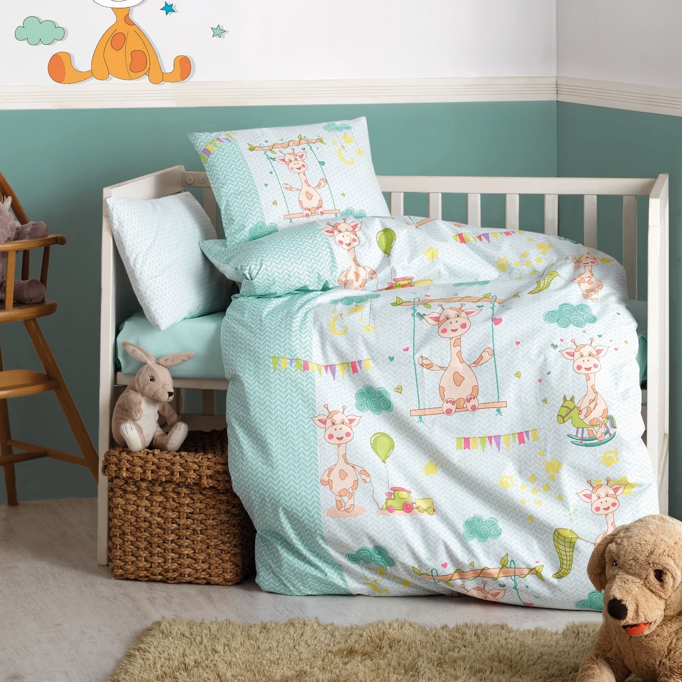 Poklon za bebu, premium pamučna posteljina za krevetac, žirafa 