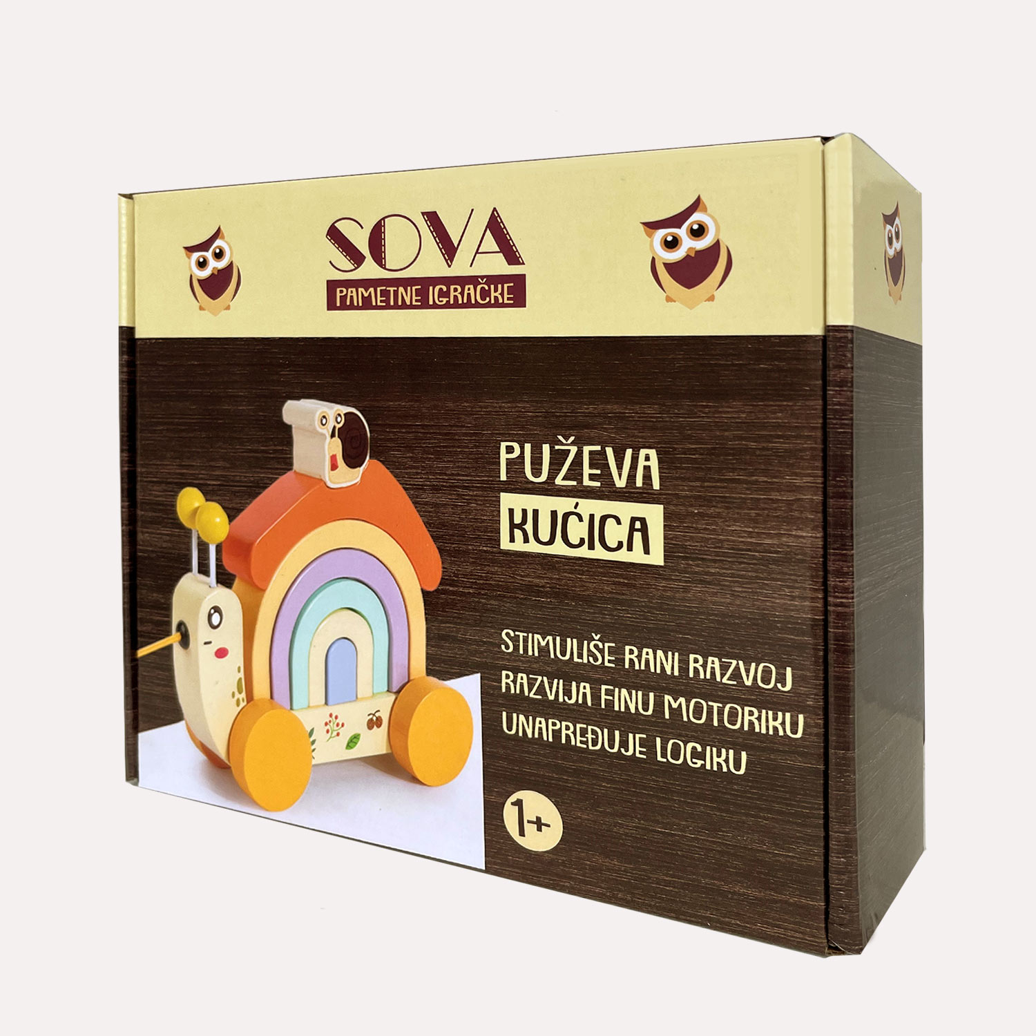 SOVA drveni puž  slagalica sa kanapom za vuču 