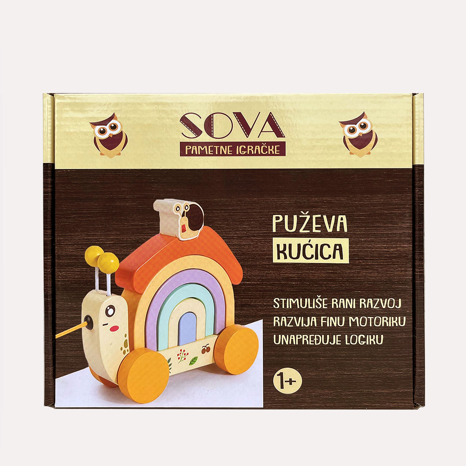 SOVA drveni puž  slagalica sa kanapom za vuču 