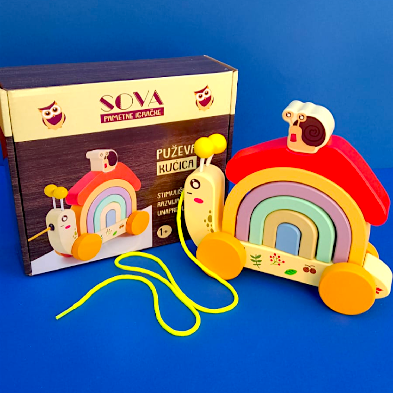 SOVA drveni puž  slagalica sa kanapom za vuču 