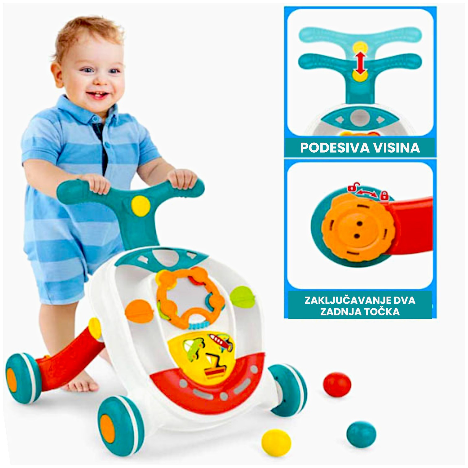 Guralica za bebe sa lopticama, edukativna igračka je odličana poklon za bebe koje puze i djecu koja uče da hodaju ili prave prve korake. Sadrži brojne zabavne dodatke - loptice, oblike za ubacivanje, zvečku..  koji stimulišu dječije razmišljanje i motoriku.  Guralica ima i zvuk i svetlo koji će mališanima biti posebno zabavni. Točkići se mogu zakočiti ukoliko dijete ne šeta, a za dodatnu stabilnost može se sipati voda predviđeni dio kako bi joj se povećala težina. 