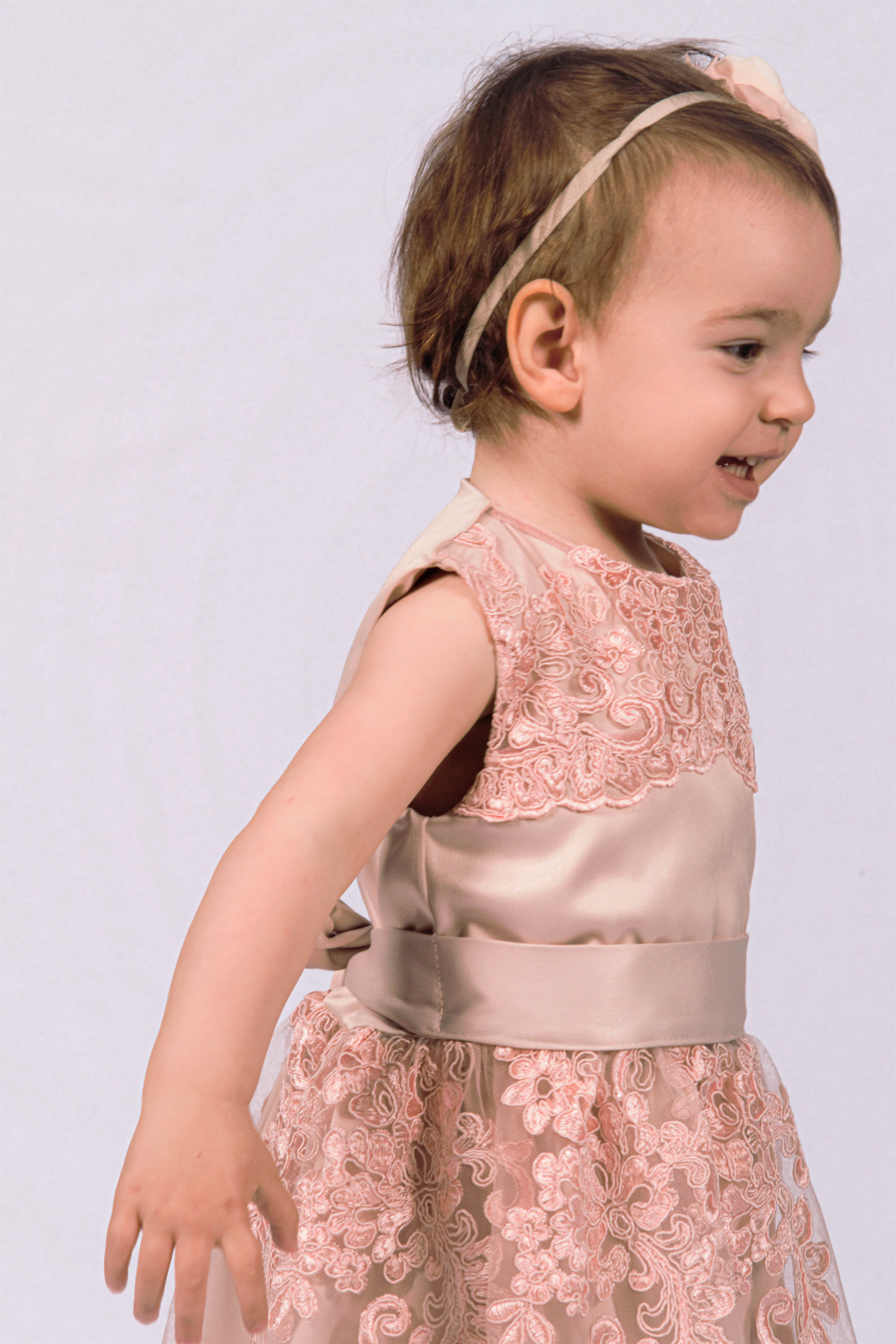 Svečana haljina za devojčice od čipke i satena nežno roze i teget 