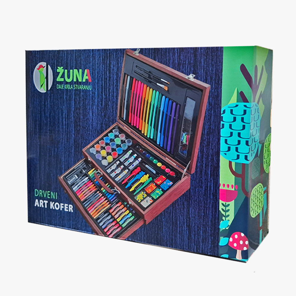 Drveni art set za djecu – 123 komada, trostruki drveni kofer 