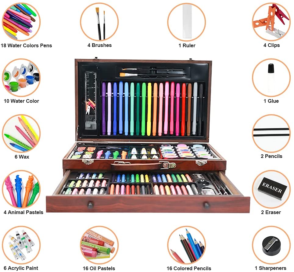 Drveni art set za djecu – 123 komada, trostruki drveni kofer 